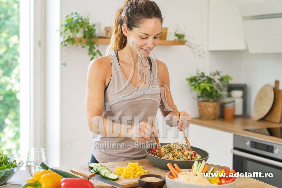 Femeie pregătește salată de quinoa și hummus în bucătărie luminoasă acasă