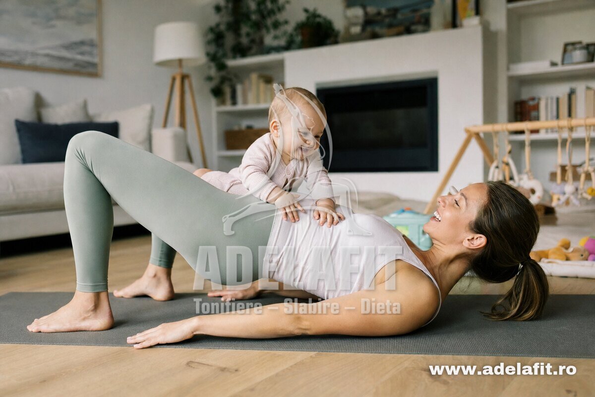 Mamă face ridicări de bazin cu bebelușul pe abdomen, pe covor, într-un living luminos.