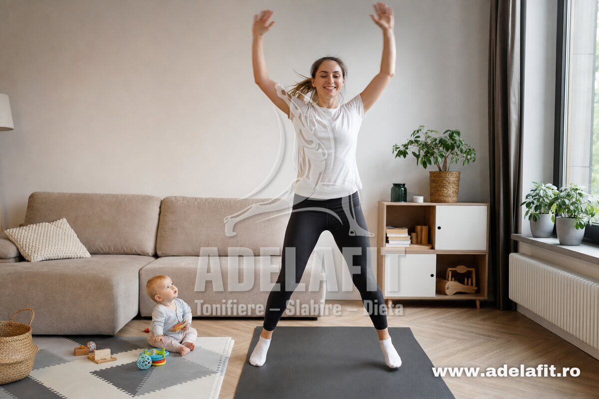 Mamă făcând jumping jacks acasă, cu bebelușul jucându-se lângă ea pe covor.