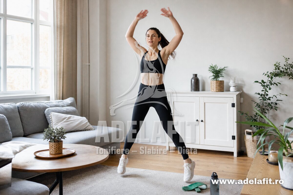 Femeie făcând jumping jacks într-un living luminos, echipată sport, antrenament cardio acasă