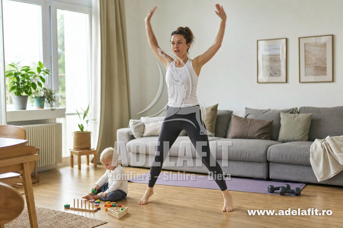 Mamă făcând exerciții cardio acasă, copil mic jucându-se lângă ea