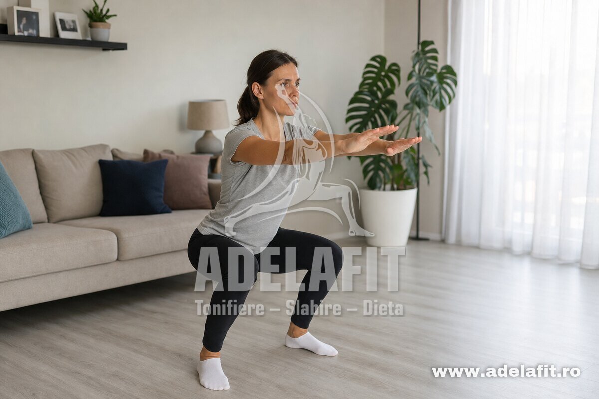 Femeie făcând genuflexiuni acasă într-un living luminos, fără echipament