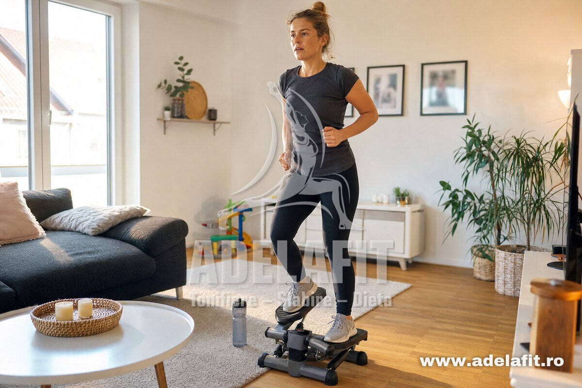 Femeie făcând exerciții pe stepper acasă, concentrată, într-un living luminos, cu jucărie de copil în fundal