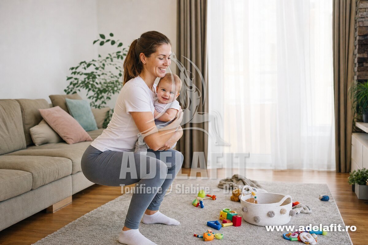 Mamă face genuflexiuni cu bebelușul în brațe într-un living luminos, jucării pe covor