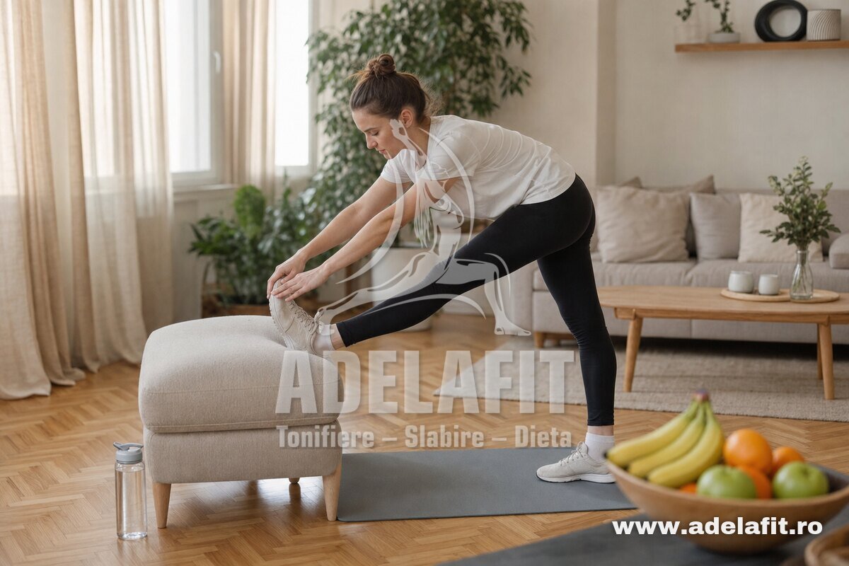 Femeie făcând stretching acasă pe covoraș, lângă fructe și apă, pentru recuperare activă