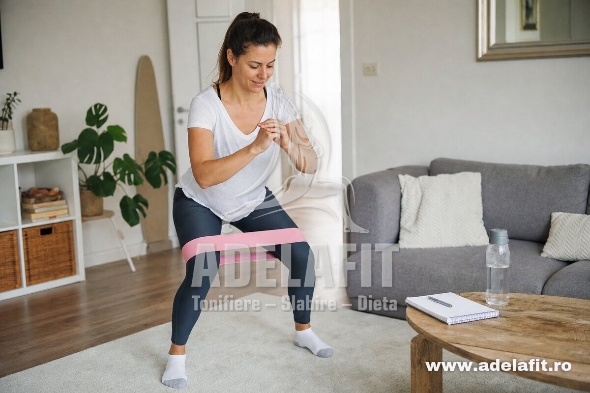 Femeie făcând exerciții cu banda elastică acasă, concentrată și motivată, într-un decor realist.