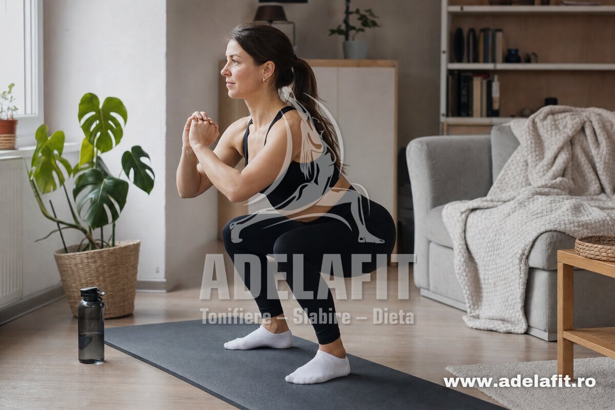 Femeie făcând genuflexiuni fără echipament în sufrageria casei, într-un mediu relaxat și ordonat.