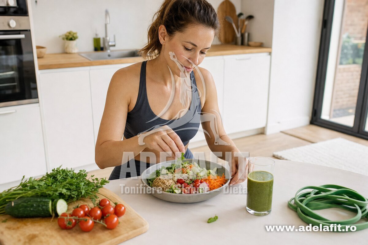 Femeie pregătind salată sănătoasă lângă bandă elastică și smoothie verde