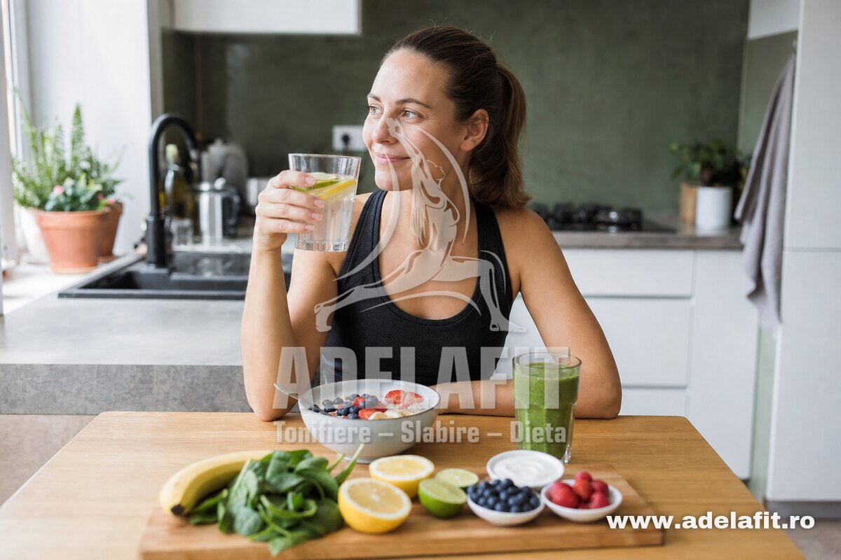 Femeie relaxată după antrenament cardio, savurând smoothie verde și salată de fructe la bucătărie