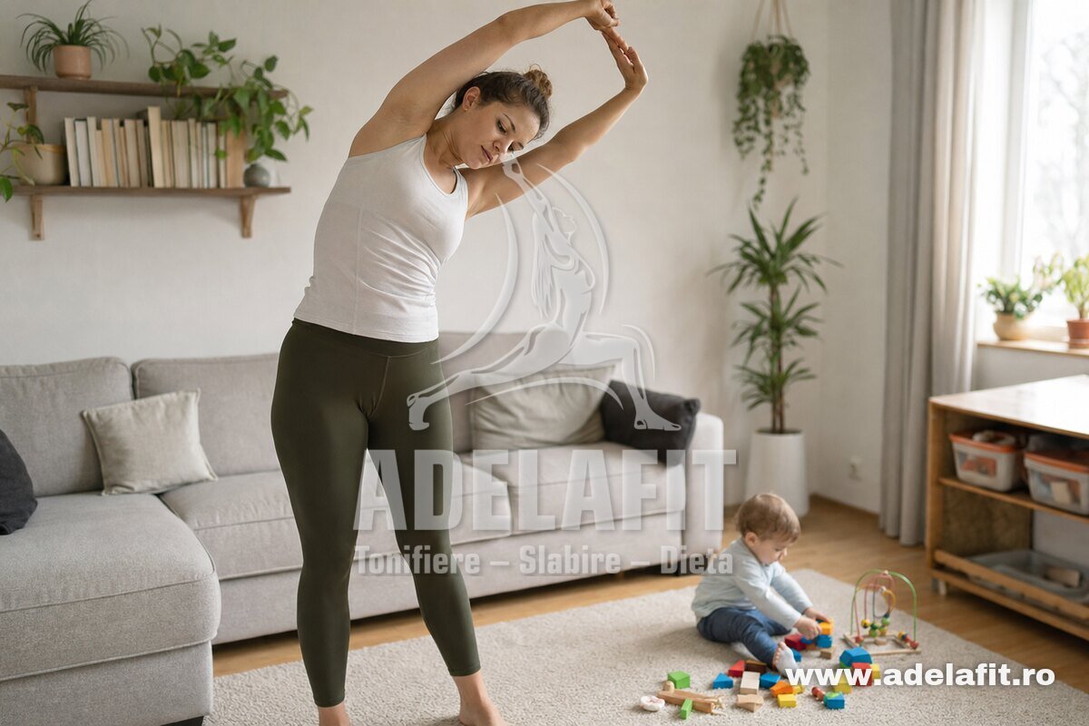 Mamă făcând stretching lateral dimineața acasă, copil mic jucându-se lângă ea