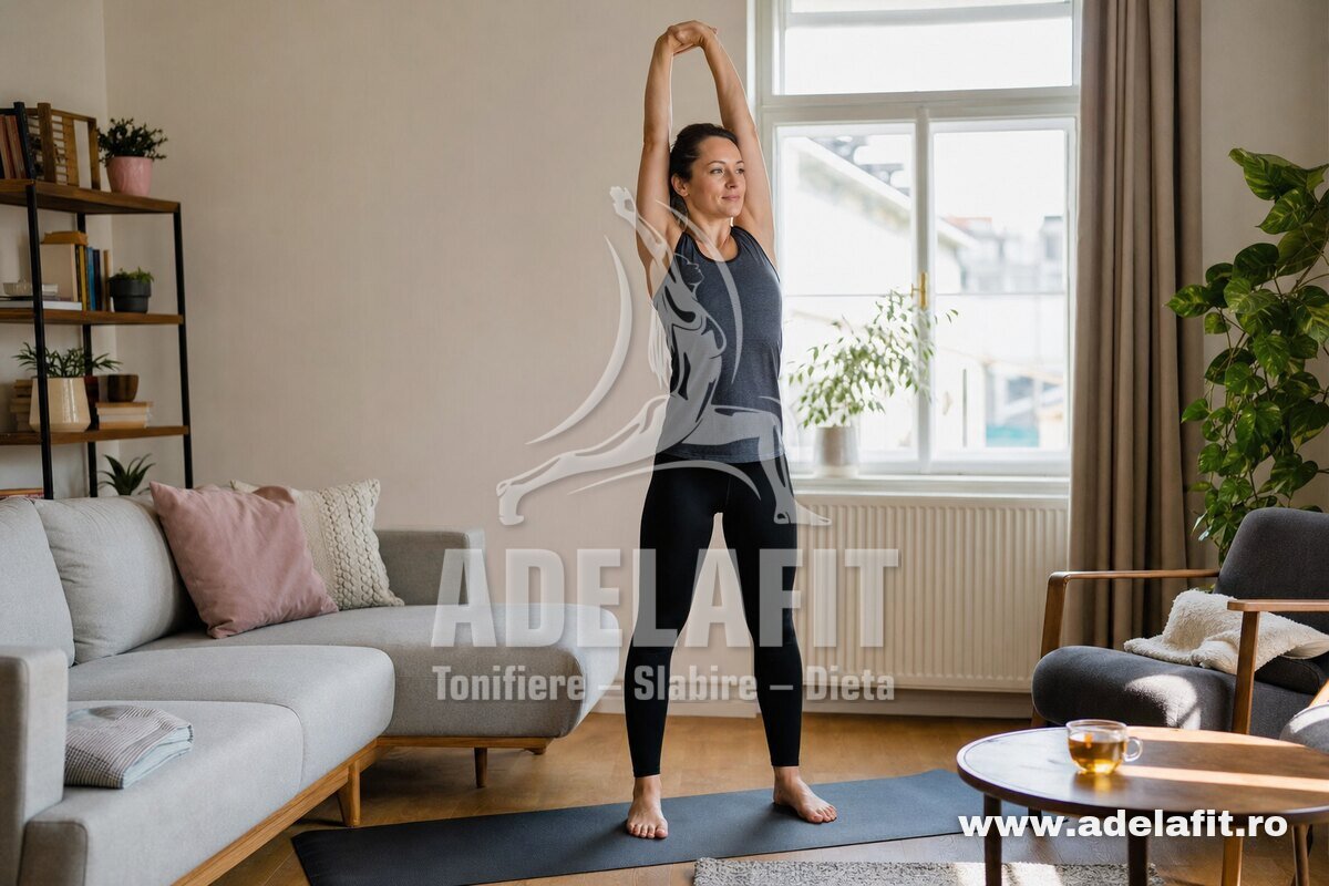 Femeie făcând stretching dimineața pe saltea de yoga, brațele ridicate, într-un living luminos