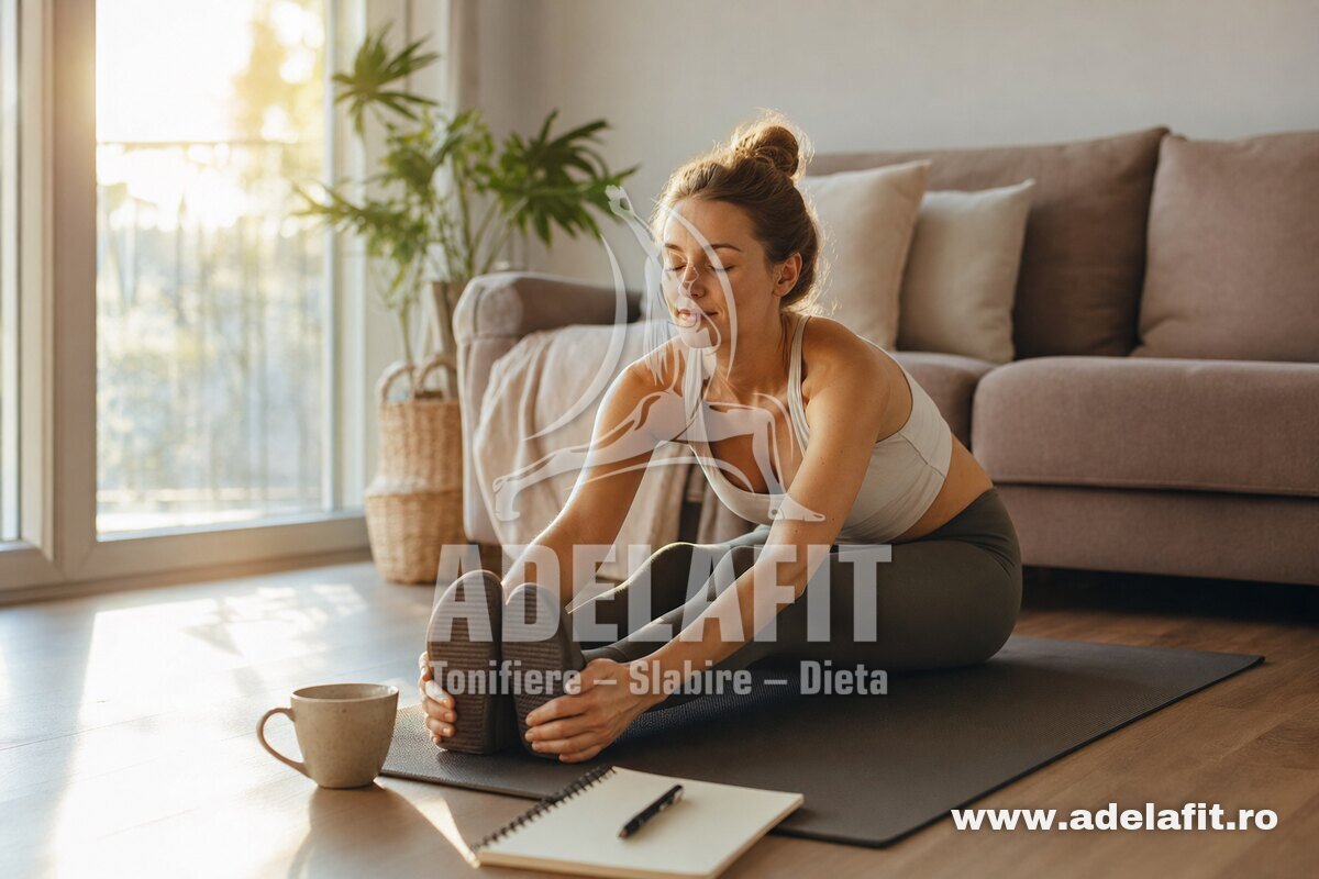 Femeie făcând stretching dimineața pe saltea, într-un living luminos, cu o ceașcă și un carnețel alături.