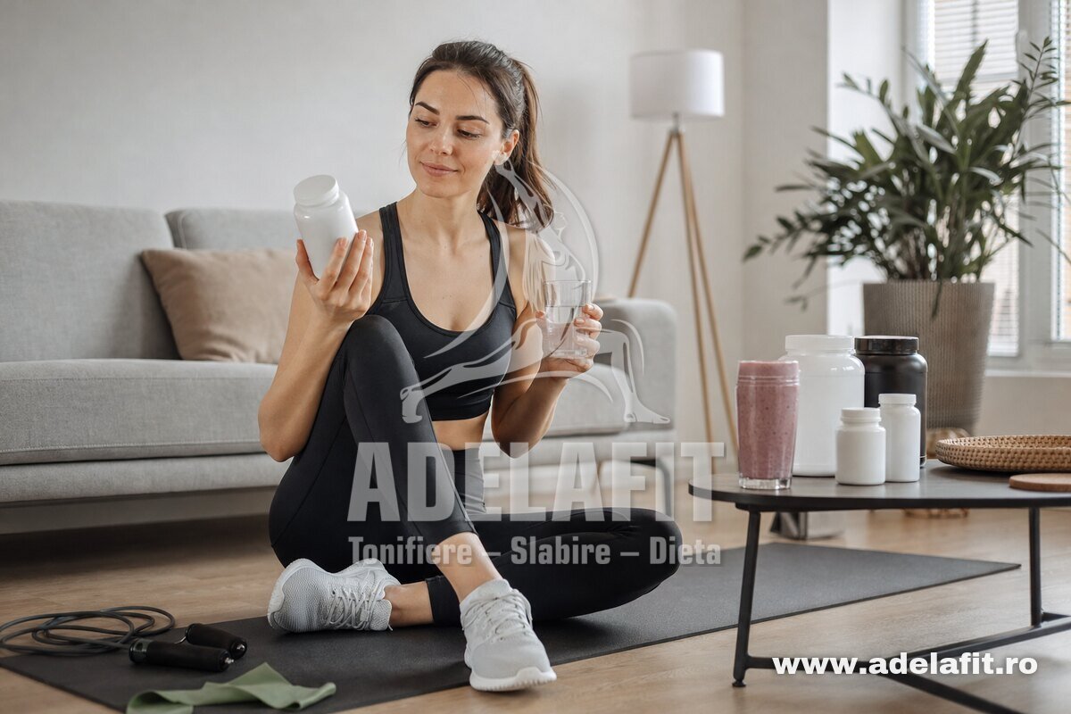 Femeie fit pe saltea, cu suplimente și smoothie după antrenament cardio acasă