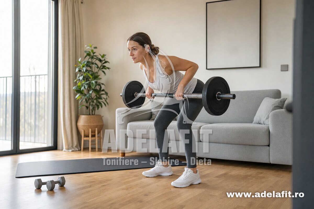 Femeie făcând ramat cu bară acasă, cu spatele drept și echipament simplu de fitness