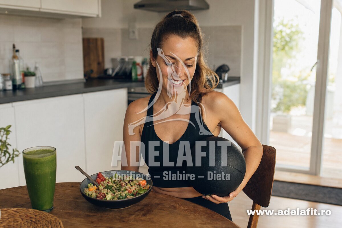 Femeie cu minge medicinală și salată sănătoasă la masă în bucătărie luminoasă
