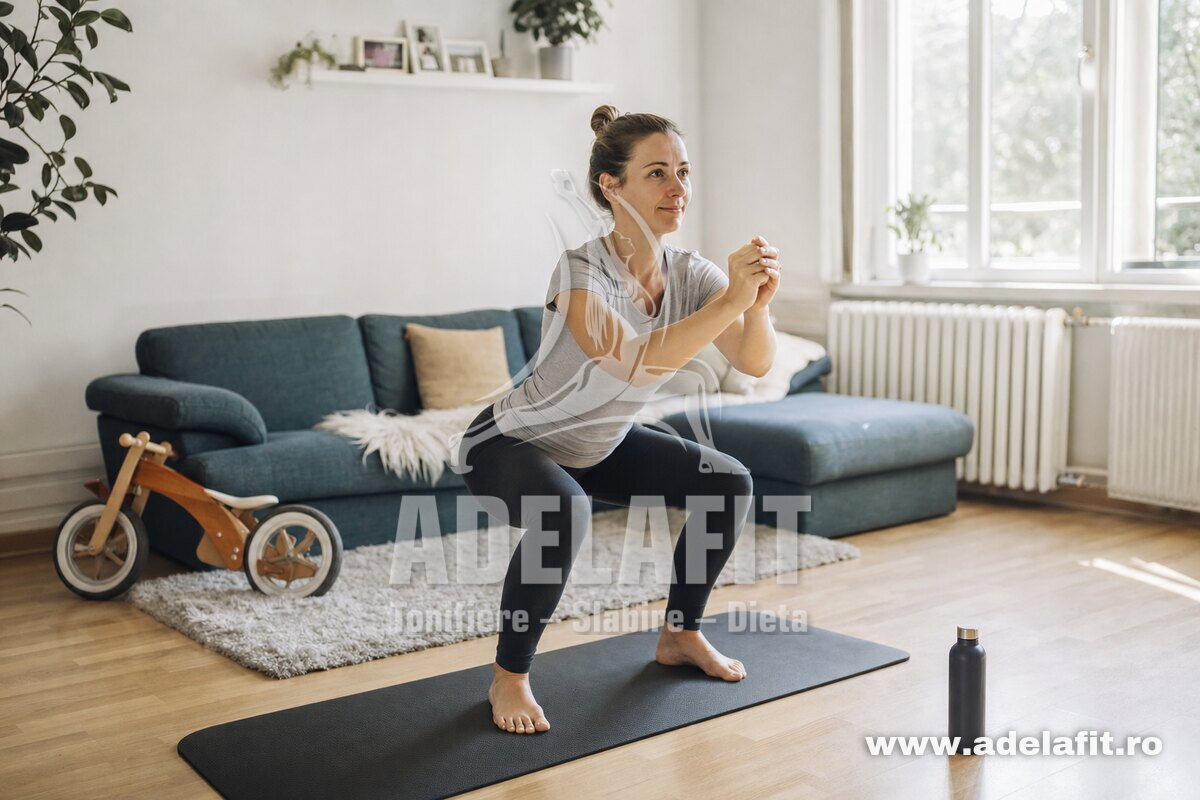 Femeie făcând genuflexiuni dimineața acasă pe covoraș, în haine sport, cu sticlă de apă alături
