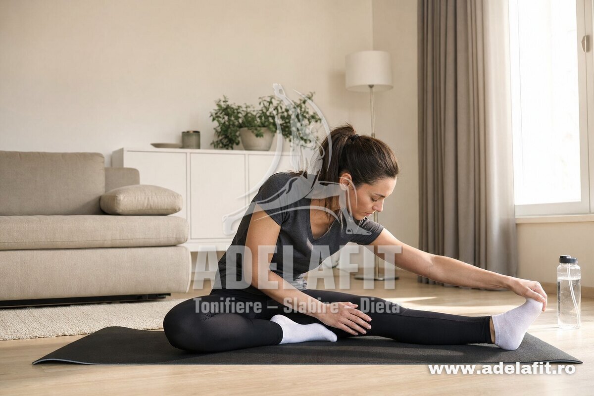 Femeie făcând stretching pe saltea acasă, relaxată, în timpul recuperării active