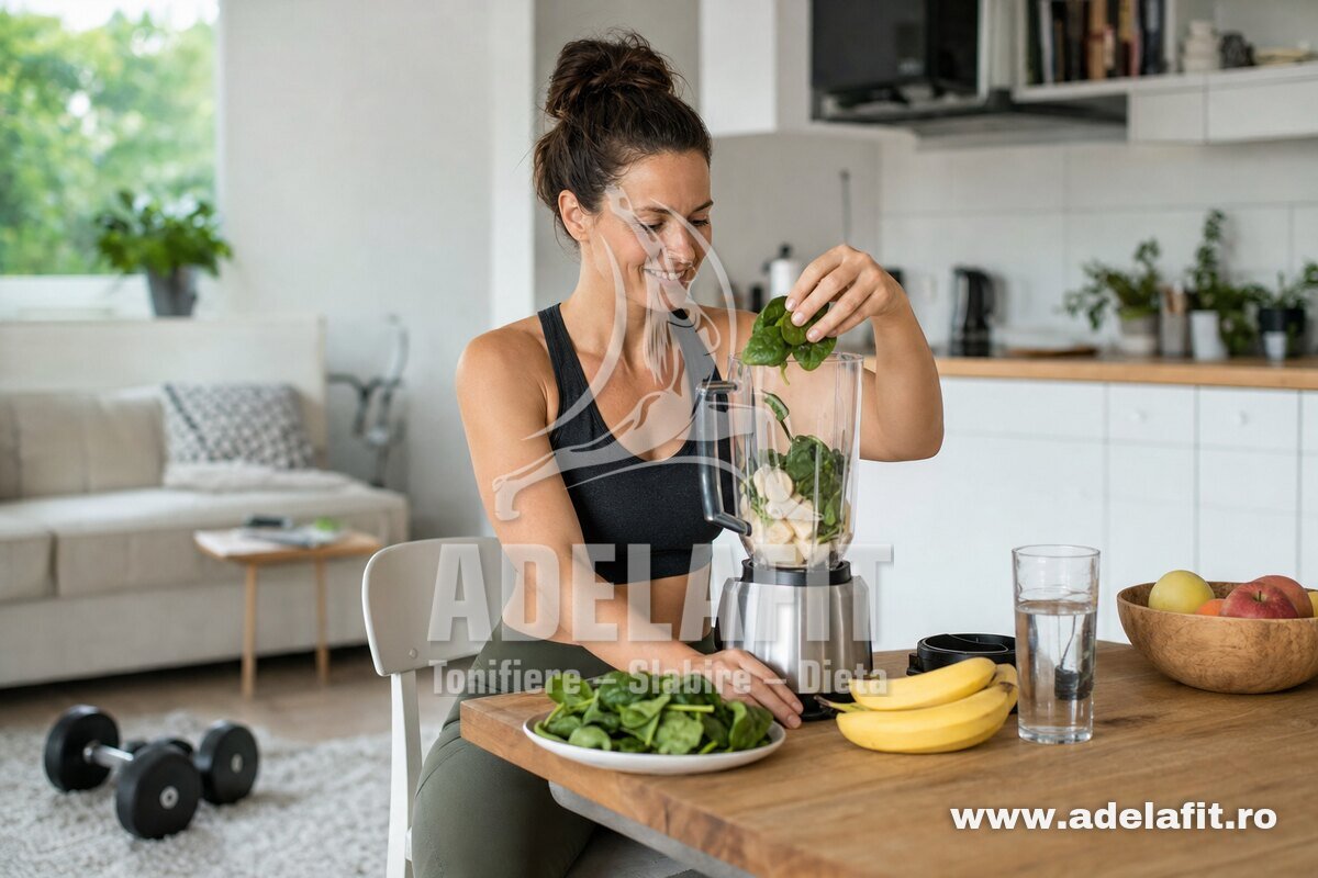 Femeie pregătește smoothie sănătos după antrenament cu gantere acasă