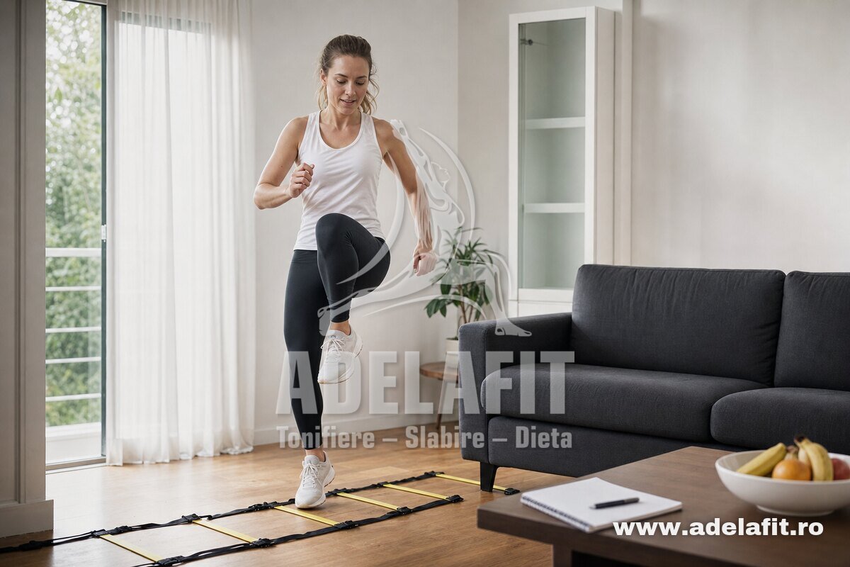 Femeie făcând exerciții cu scara de agilitate în sufragerie, concentrată și motivată