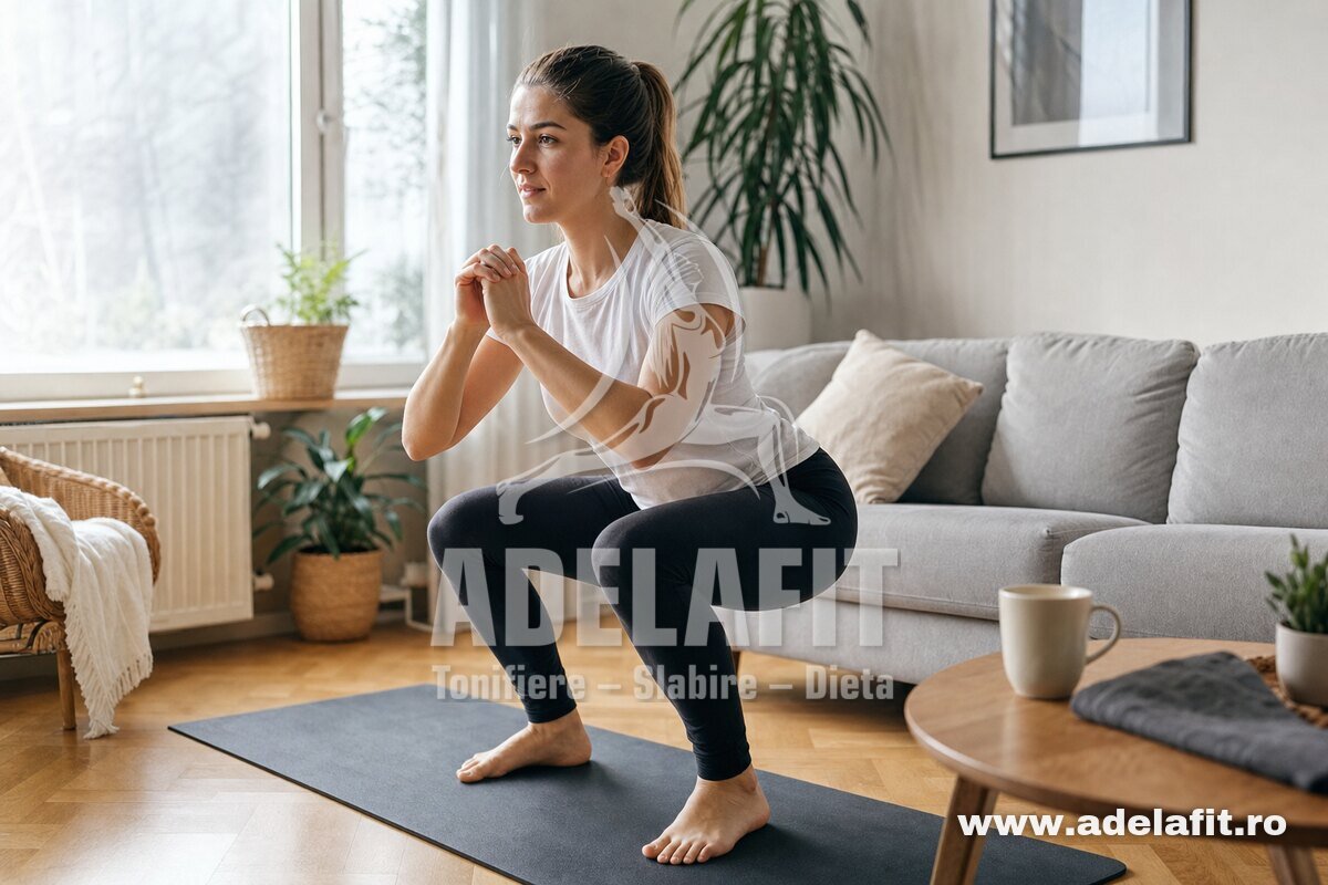 Femeie făcând genuflexiuni dimineața într-un living luminos, pe saltea de yoga