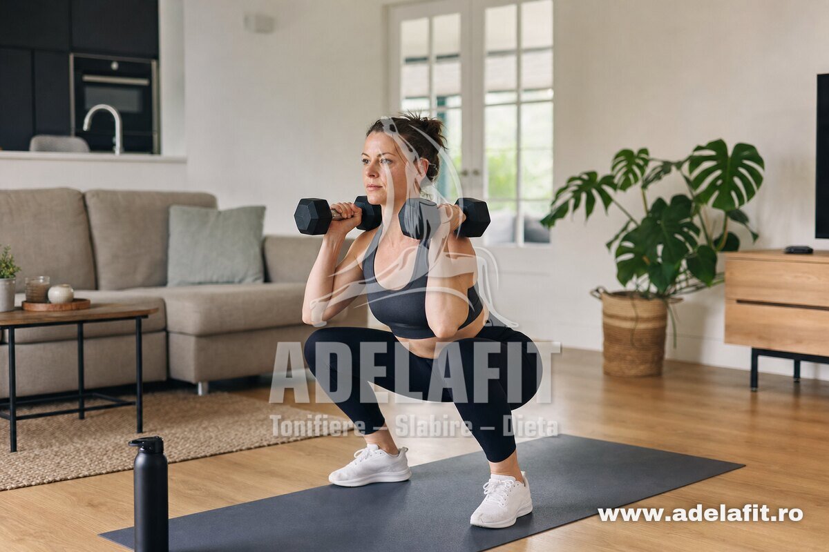 Femeie făcând genuflexiuni cu gantere acasă, în echipament sport, într-un living ordonat
