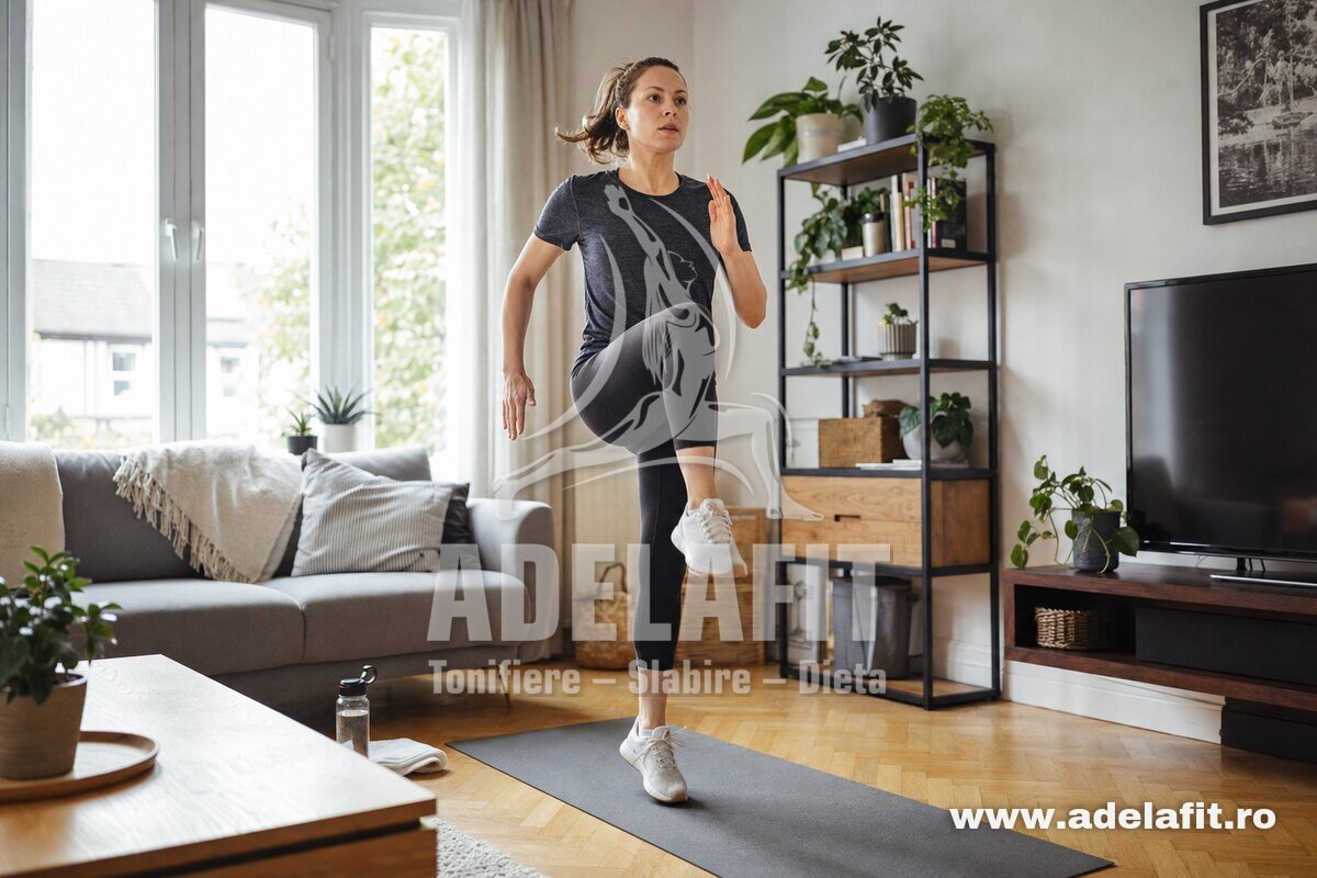 Femeie făcând exerciții HIIT acasă, ridicând genunchii pe saltea, în sufragerie luminoasă