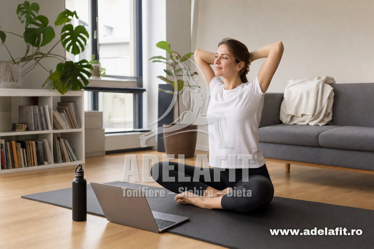 Femeie europeană face stretching pentru spate pe saltea acasă, într-o atmosferă relaxată și luminoasă