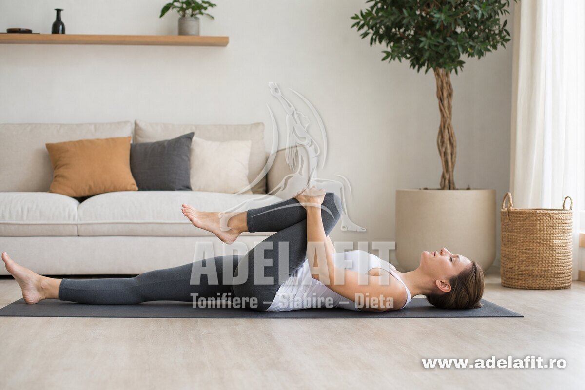 Femeie făcând stretching lombar pe saltea acasă, într-un living luminos și relaxat