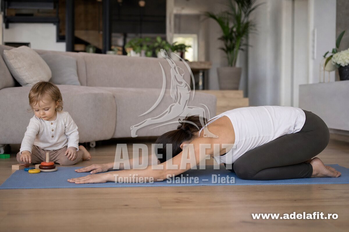 Mamă tânără face yoga acasă în poziția copilului, în timp ce copilul se joacă lângă ea
