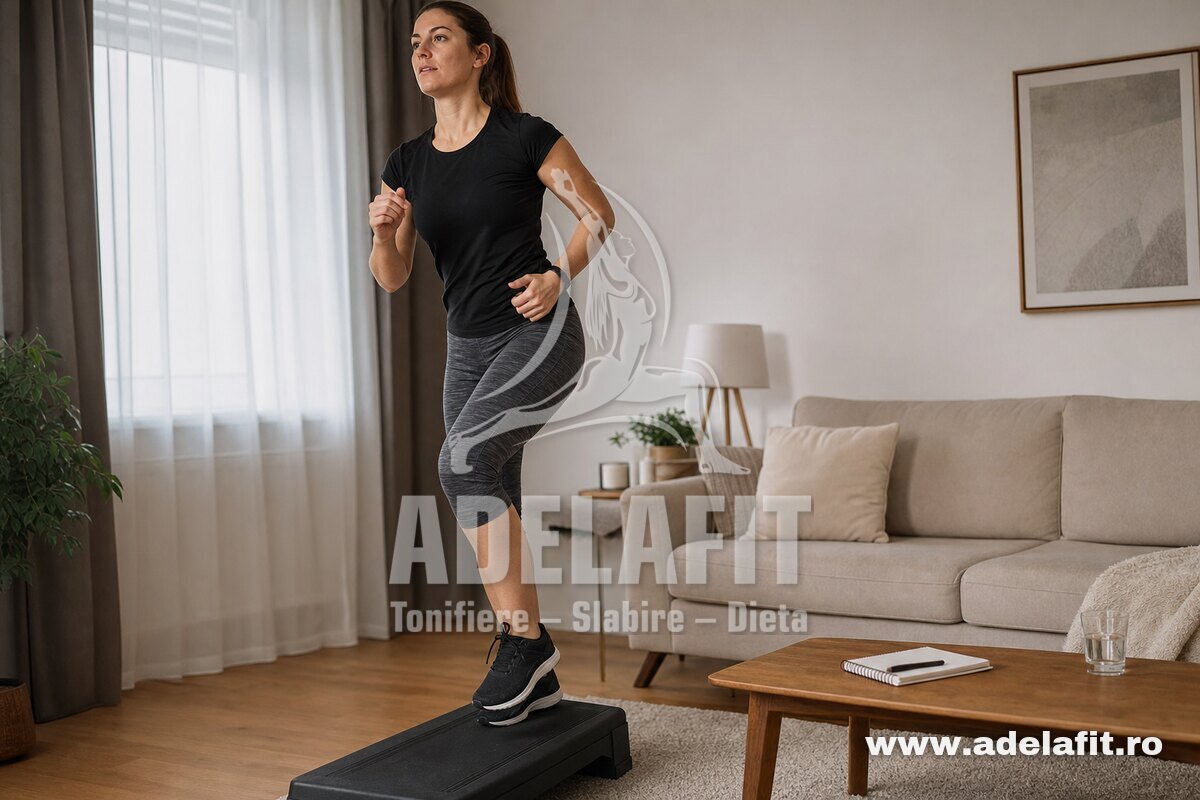 Femeie făcând exerciții pe stepper acasă, concentrată, cu un carnețel pe masă lângă ea
