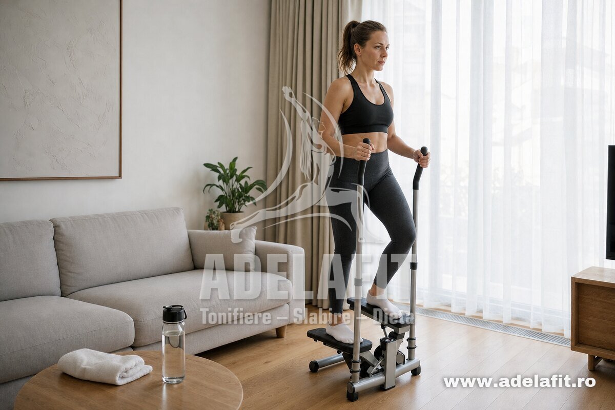 Femeie făcând exerciții pe stepper acasă într-un living luminos
