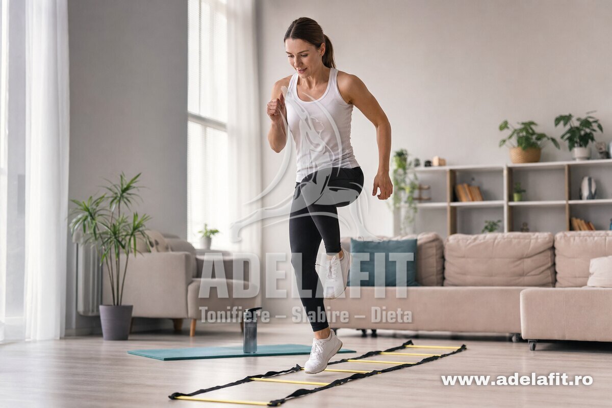 Femeie făcând exerciții pe scara de agilitate acasă, în echipament sport simplu