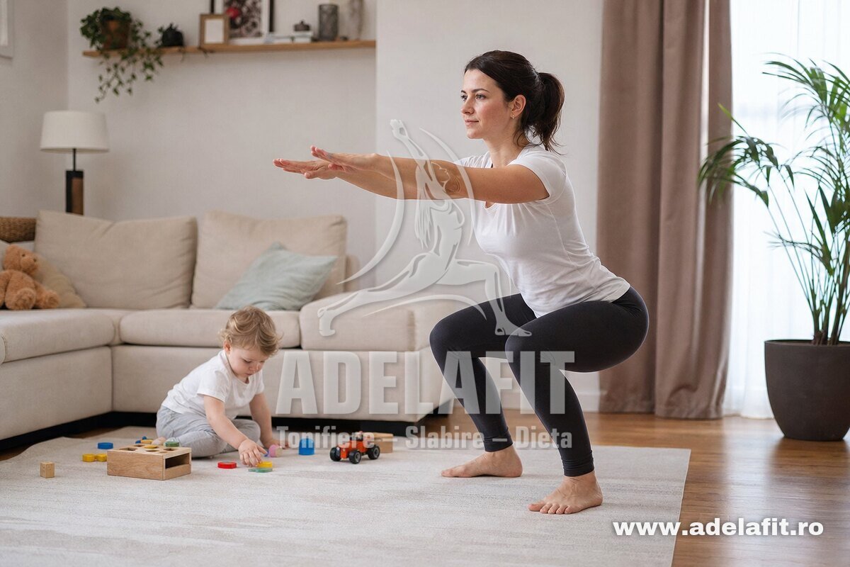 Mamă făcând genuflexiuni acasă, în timp ce copilul se joacă lângă ea pe covor