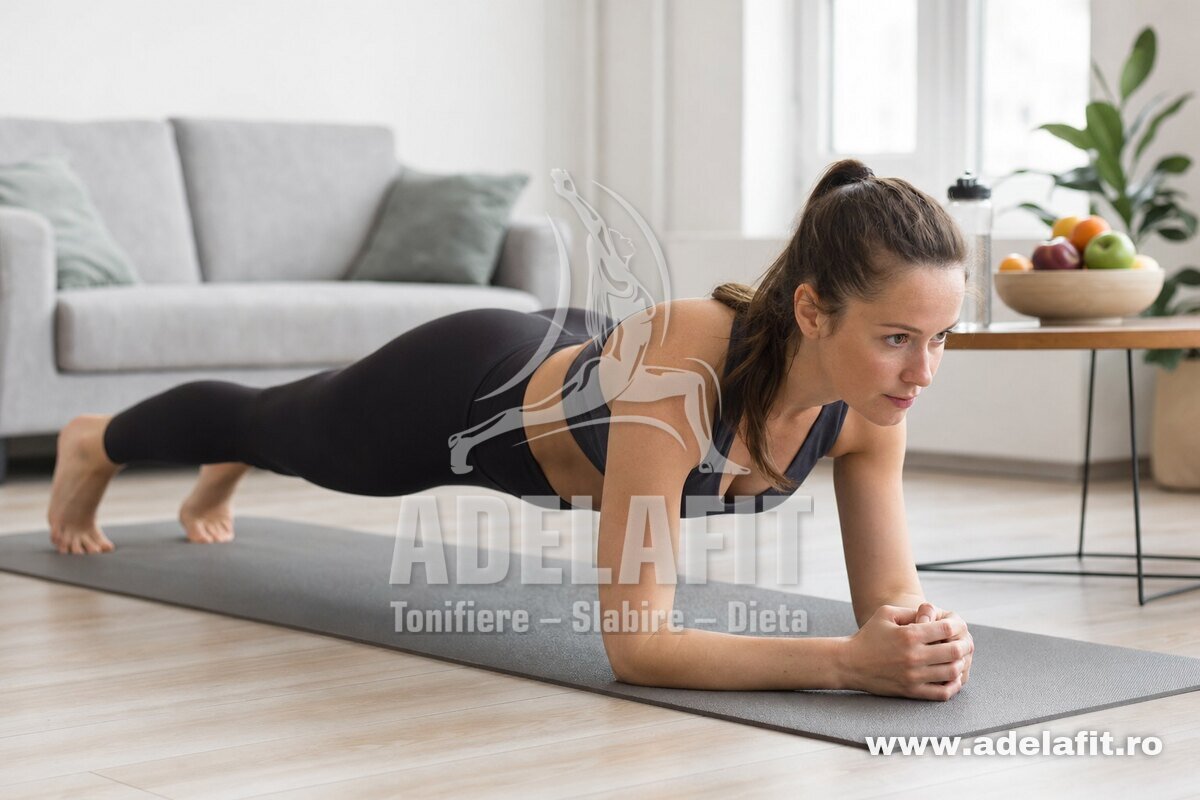 Femeie făcând plank pe covoraș acasă, cu fructe și apă pe masă în fundal