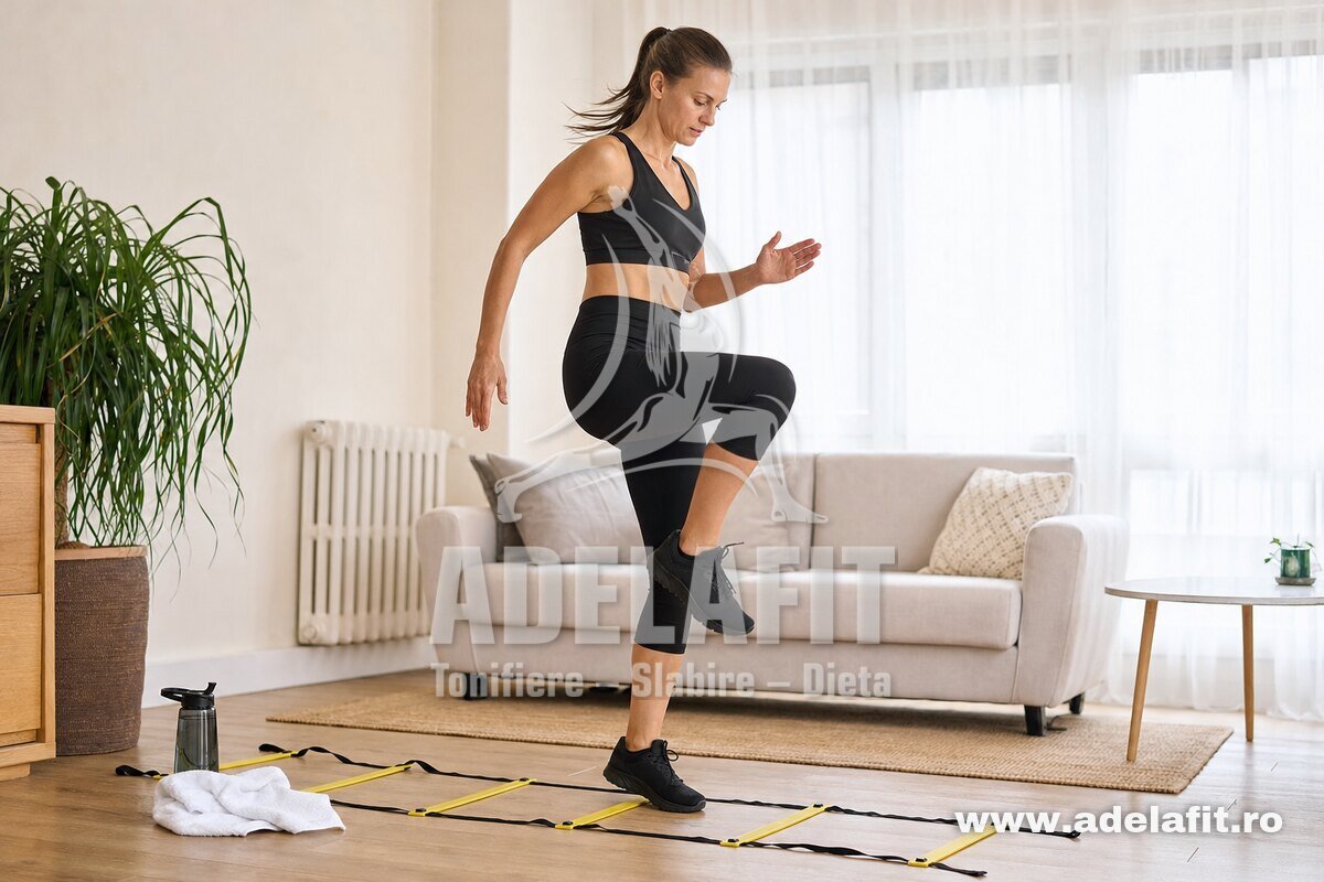 Femeie făcând exerciții cu scara de agilitate într-un living luminos, acasă