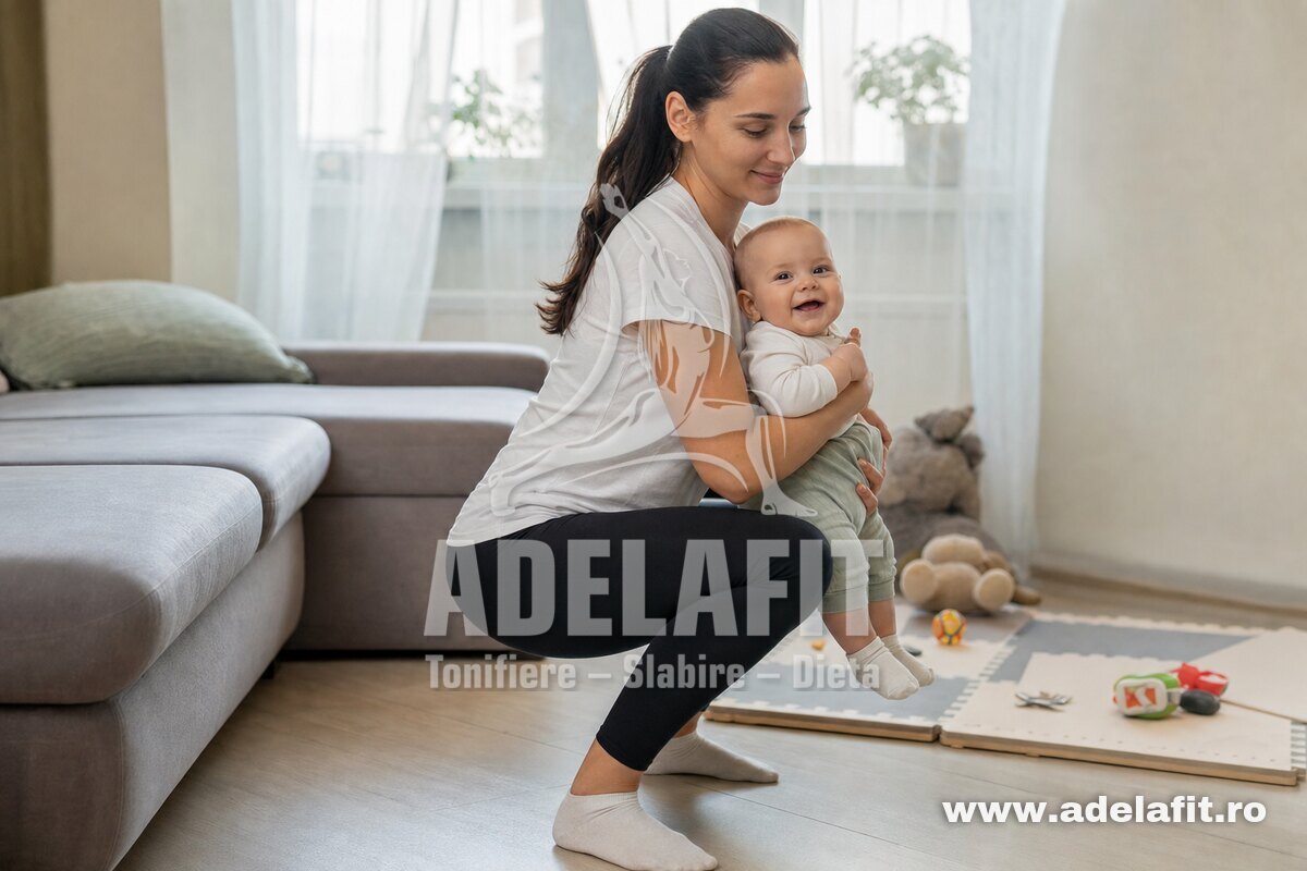 Mamă făcând genuflexiuni cu bebelușul în brațe, acasă, pe covor