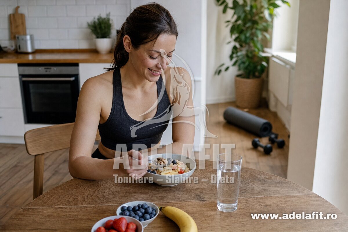 Femeie mănâncă mic dejun sănătos la masă, cu echipament de fitness în fundal, acasă.