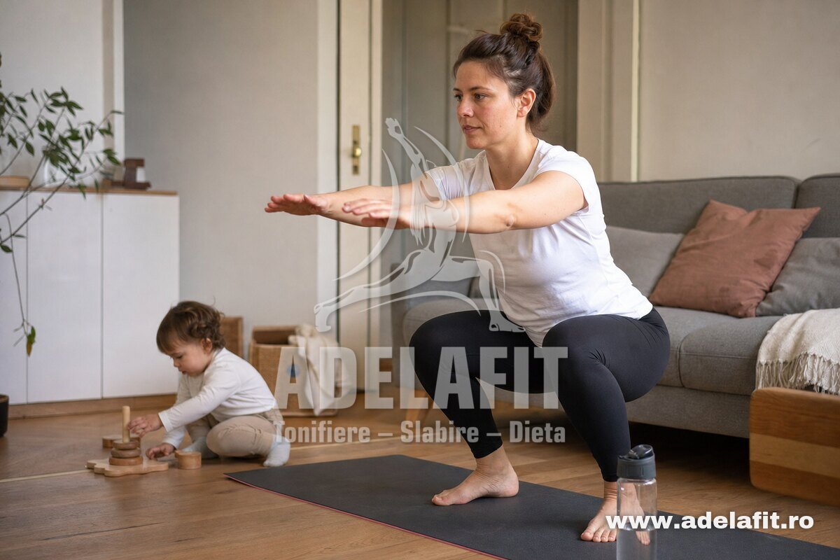 Mamă făcând genuflexiuni acasă, copil mic jucându-se alături, antrenament de 15 minute