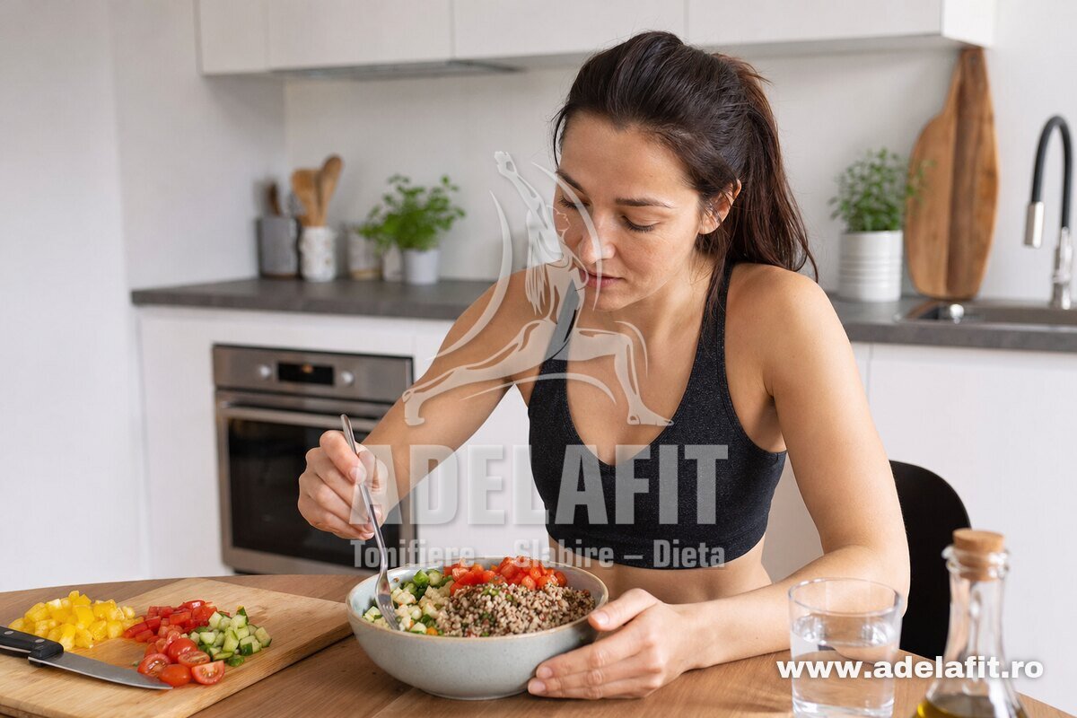 Femeie pregătește salată cu quinoa și legume într-o bucătărie luminoasă, ingredientele la vedere