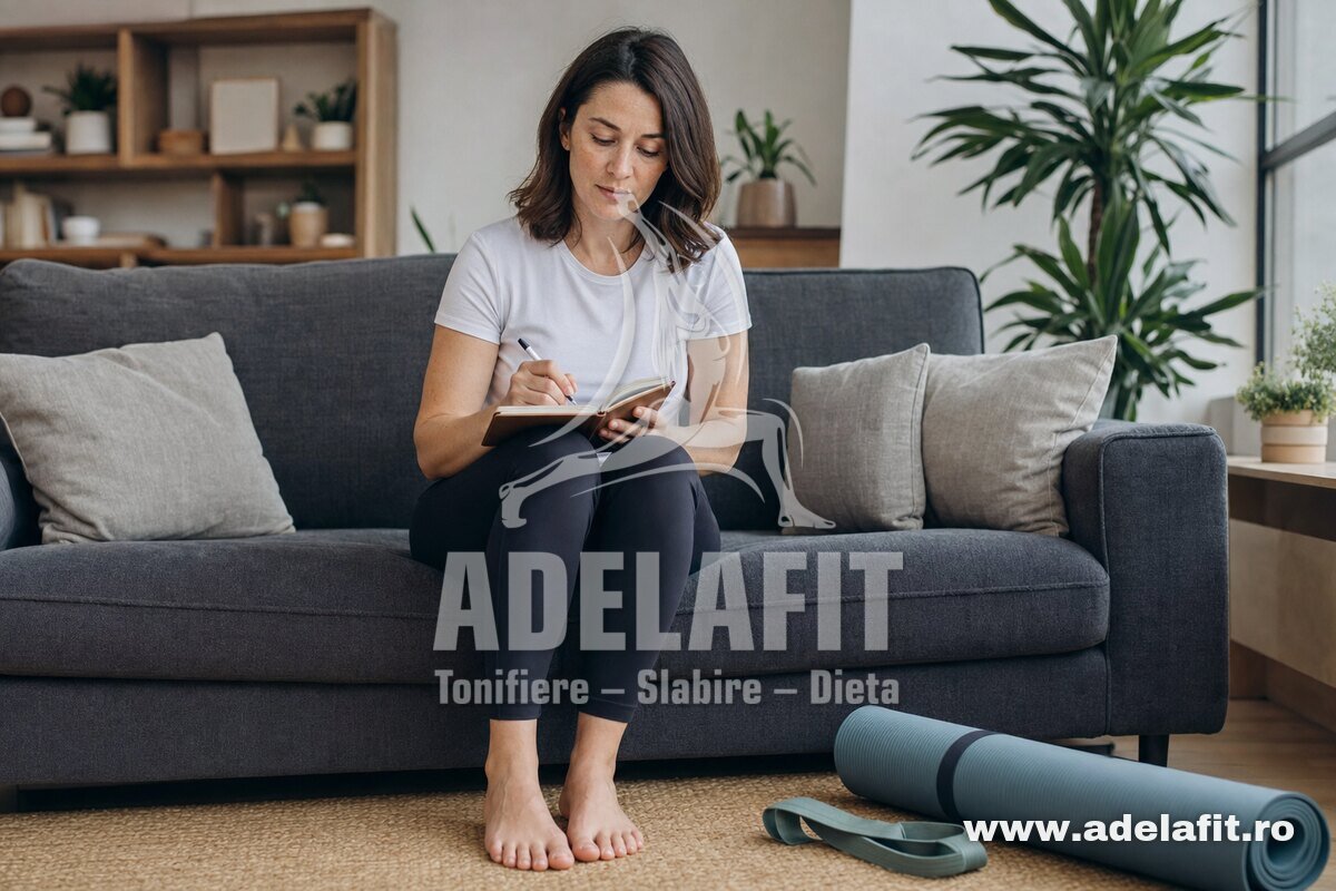 Femeie stând drept pe canapea, scriind obiective, cu saltea de yoga lângă ea