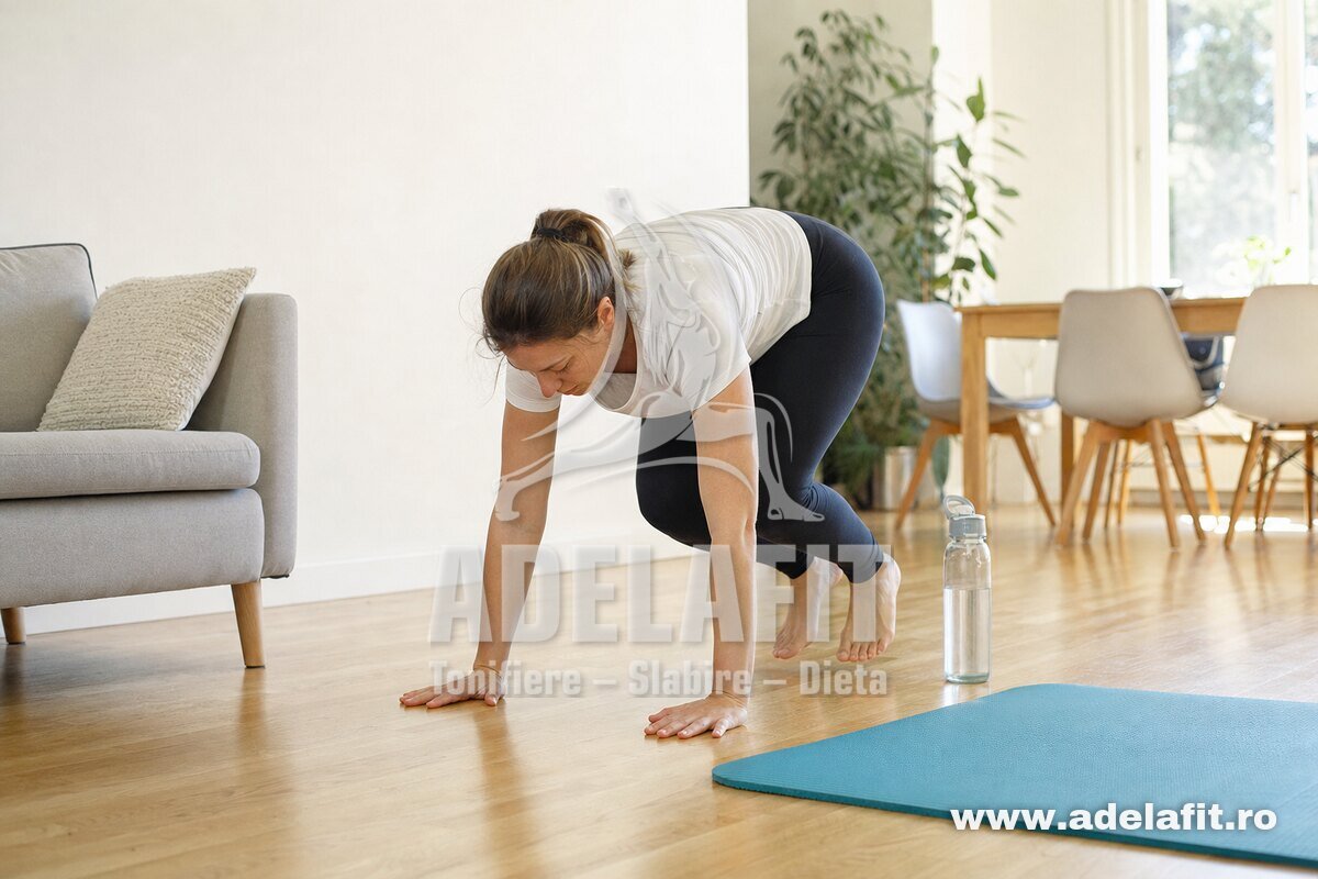 Femeie făcând burpees acasă pe covoraș, în ținută sport, într-un living luminos