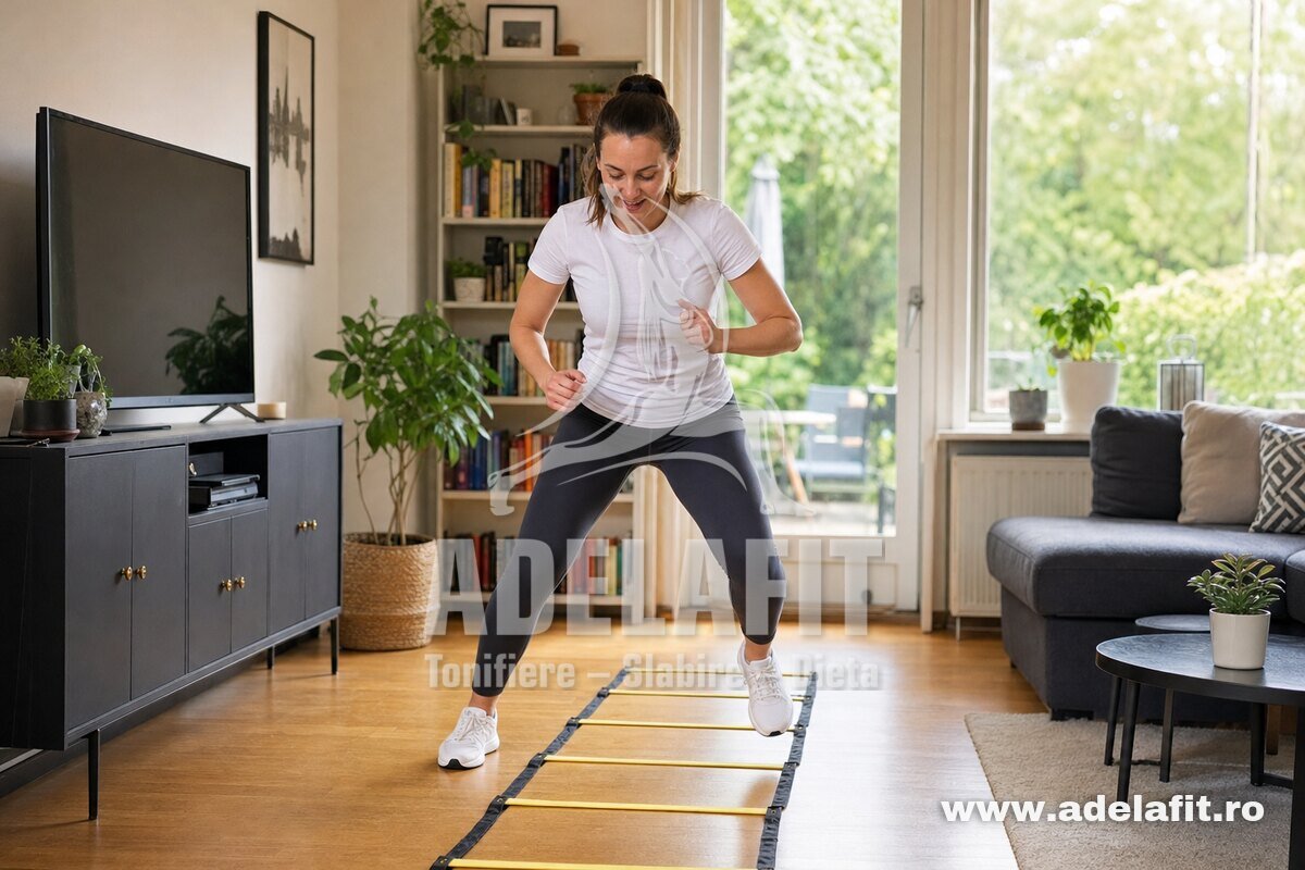 Femeie făcând exerciții cu scara de agilitate în sufragerie, în echipament sport simplu