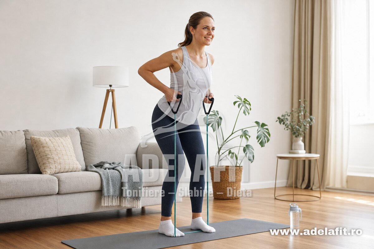 Femeie făcând exerciții cu banda elastică acasă, zâmbitoare și concentrată pe mișcare