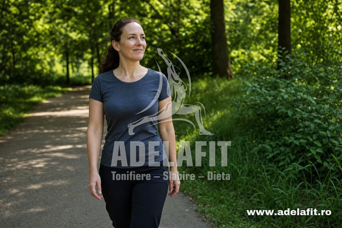 Femeie mergând relaxată prin parc, în echipament sport, într-o zi însorită de primăvară
