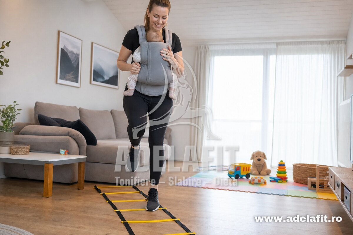 Mamă făcând exerciții cu scara de agilitate acasă, purtând bebelușul în marsupiu