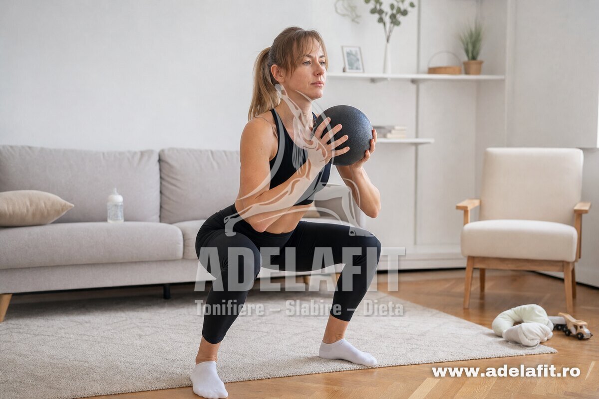 Femeie făcând genuflexiuni cu mingea medicinală într-un living luminos