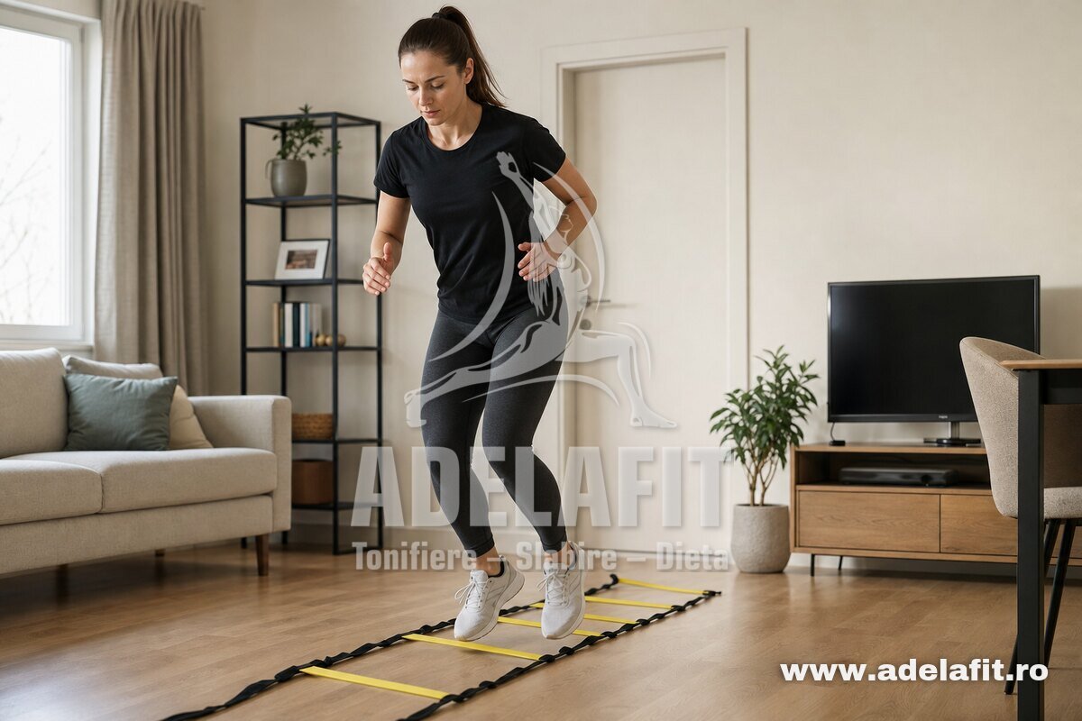 Femeie făcând exerciții cu scara de agilitate în sufragerie, concentrată și determinată