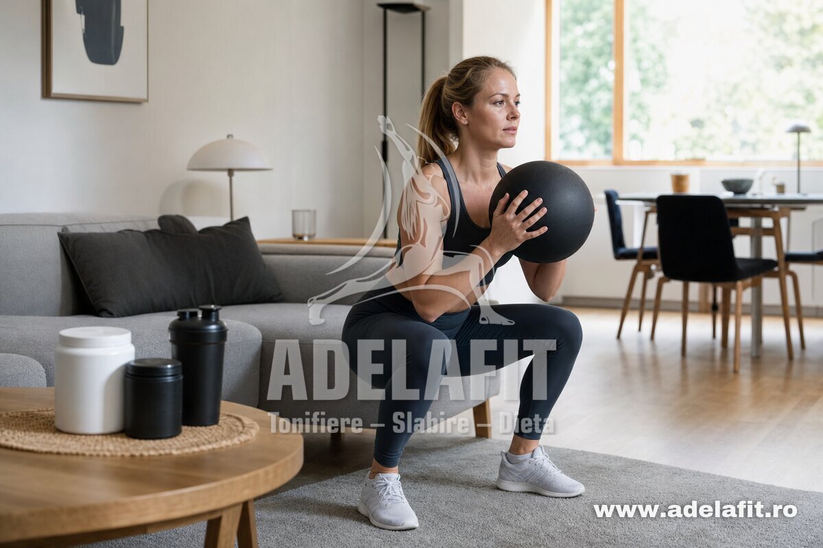 Femeie făcând genuflexiuni cu minge medicinală acasă, lângă suplimente fără etichetă
