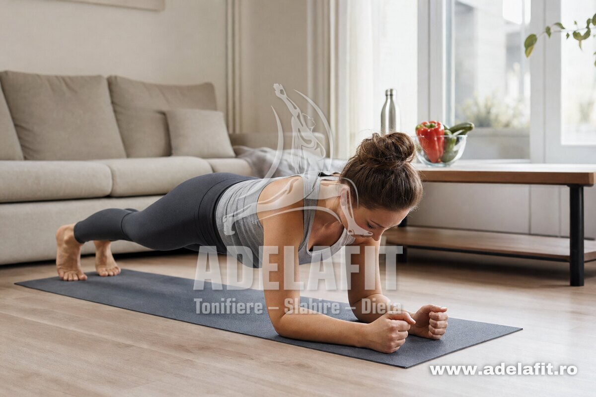 Femeie face plank acasă pe covoraș, cu postură corectă, în living luminos și ordonat
