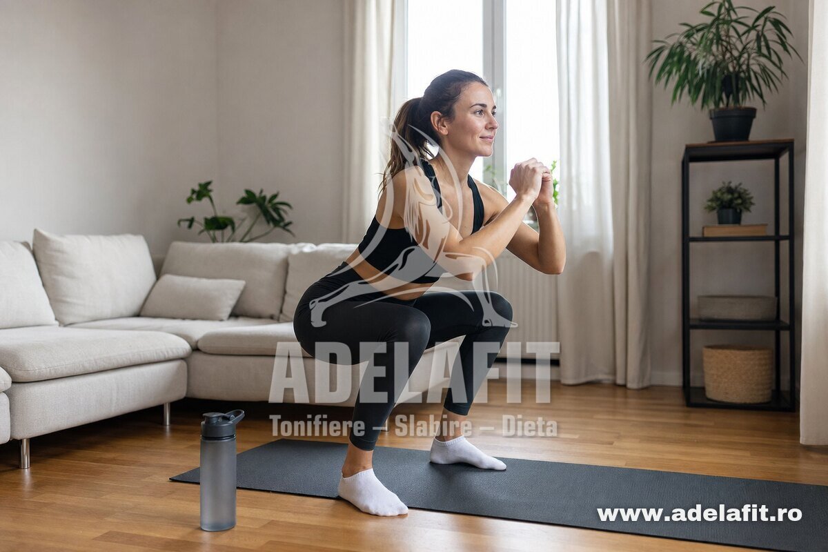 Femeie făcând genuflexiuni acasă pe saltea, în echipament sport simplu, într-un living luminos